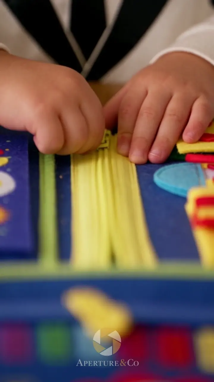 A child playing with a colorful sensory busy book