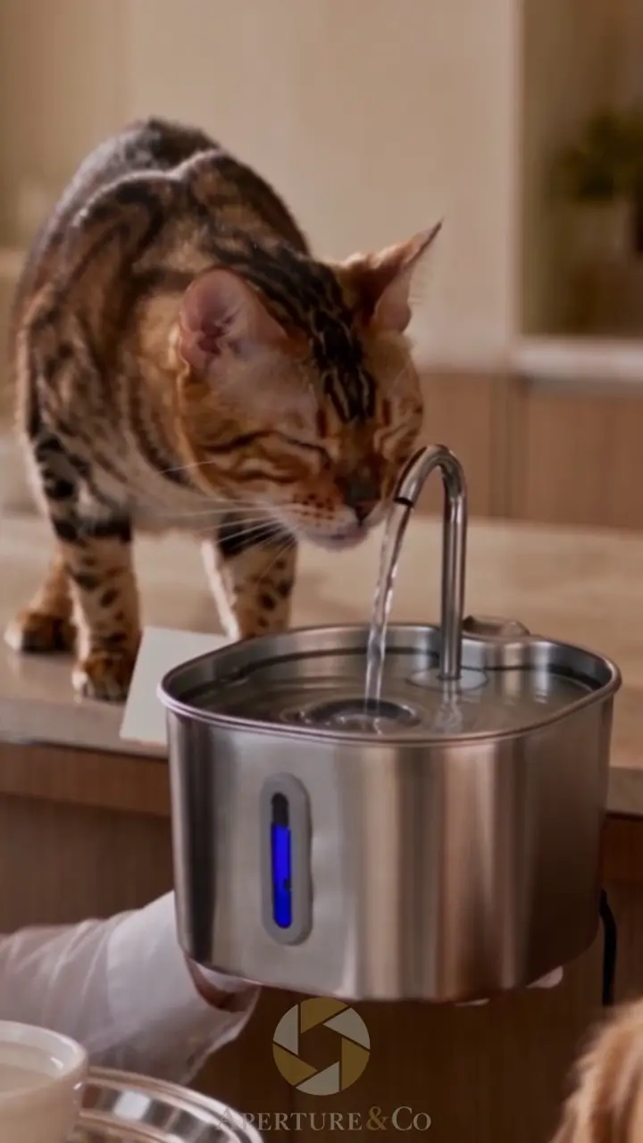 A cat drinking from a stainless steel water fountain